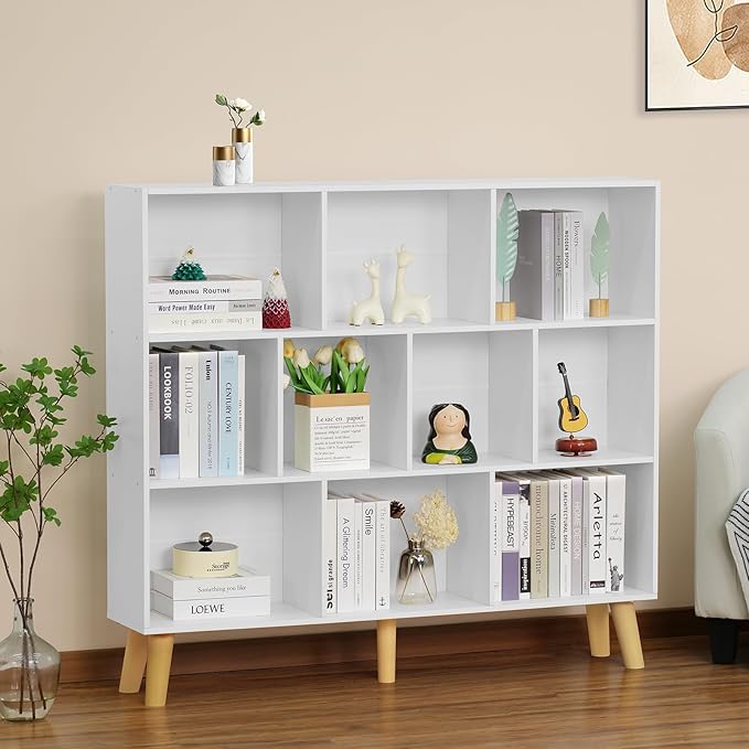 YAHARBO 10 Cube White Bookshelf,3 Tier Book Shelf with Legs,Modern Minimalist Bookcase,Open Book Shelves Storage Organizer,Frees Standing Wooden Display Bookcases for Small Space,Bedroom,Living Room