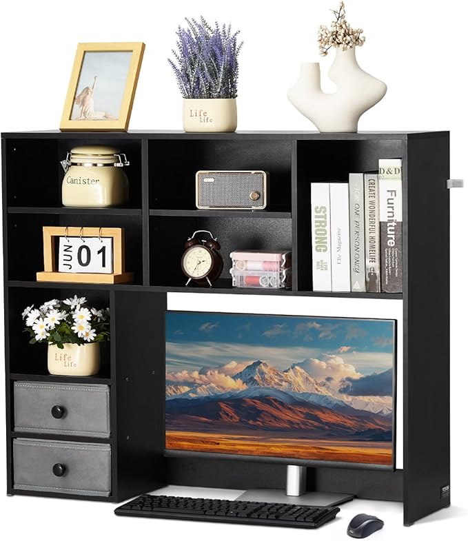 VEVOR 3-Tier Desktop Storage Organizer, 37" x 10" x 31.1" Office Storage Rack Wood Display Shelf, Desktop Bookshelf Hutch with 2 Fabric Drawers, for Office, Home & Dorm, Black