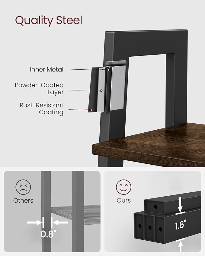 VASAGLE Ladder Shelf, 4-Tier Bookshelf, Storage Rack, Bookcase with Steel Frame, for Living Room, Home Office, Kitchen, Bedroom, Industrial Style, Hickory Brown and Ink Black ULLS44BF