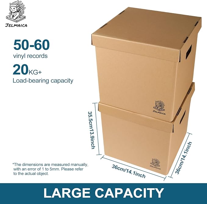 12" Vinyl Record Storage and Moving Box - Sturdy Cardboard with Removable Lid - Holds up to 60 Records or Laser Discs - Set of 2 Boxes (2) (2)