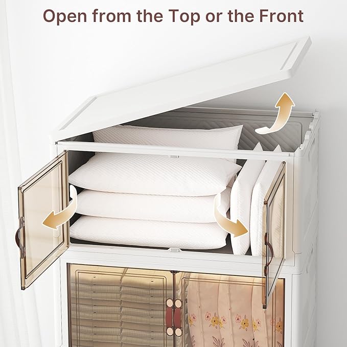 480Qt Stackable Storage Bins with Lids, 3 Pack Large Collapsible Bins with Wheels, Plastic Cabinet with Doors, Foldable Closet Organizers and Storage for Home, Dorm, Office, White