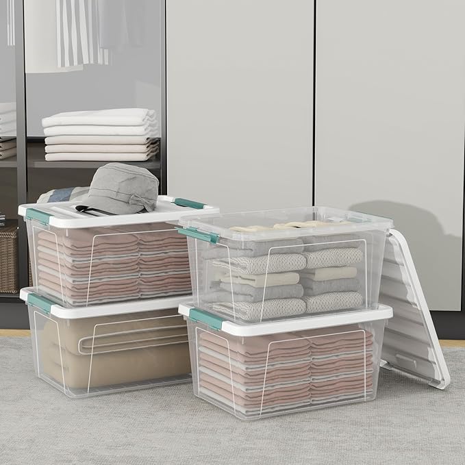 35 Quart Plastic Stackable Storage Container Tote with Secure Latching Lid for Home and Office Organization, Clear Box with White Lid (Pack of 6)
