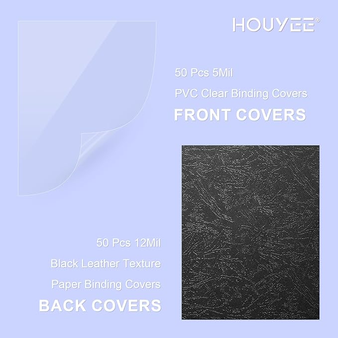 100 Pack Binding Covers and Backs Set, 8.5x11 Inches, Including 50 Pcs 5 Mil Clear PVC Binding Covers, 50 Pcs 12 Mil Black Paper Leather Textured Binding Covers, Letter Size