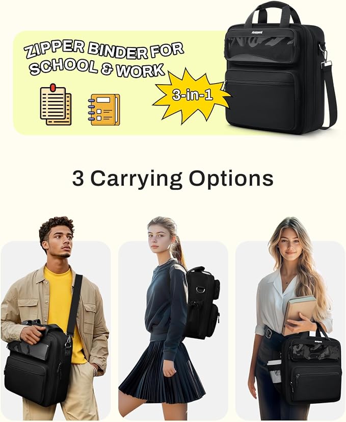 Zipper Binder 3 Ring with Ita Window, 3 Inch Binder with Zipper D-Ring Fits 14 in Laptop, 3-in-1 Shoulder/Backpack/Handle 600 Sheets Capacity for School & Office – Black
