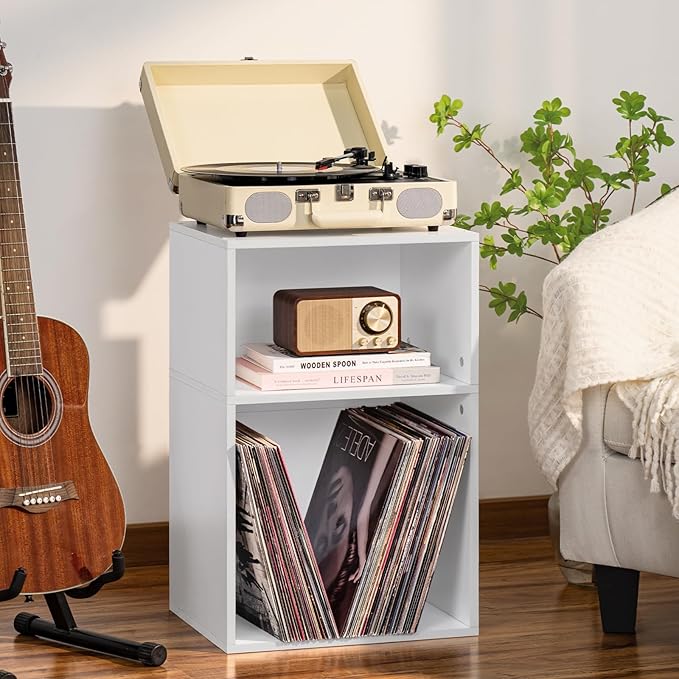 YAHARBO 2 Cube Bookshelf, White Record Player Stand with Vinyl Storage Up to 100 Albums, Horizontal Low Book Shelf, Mini Bookcase with Storage Organizer, Small Turntable Stand for Living Room, Bedroom
