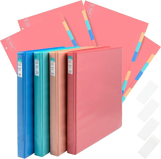 Yoobi .5 Inch Multicolor Binder & 8-Tab Divider Set, 4-Pack of 3-Ring Binders with 2 Pockets, 4-Pack of Binder Organizer Tabs w/Blank Sticky Labels, Perfect for School, Home or Office, 1/2 Inch
