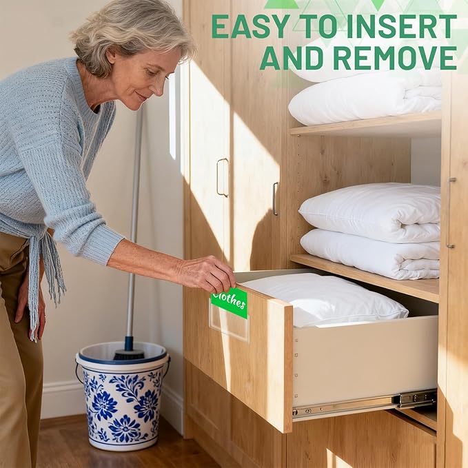 32 Pack Index Card Holder for 3x5 Inch Cards, Clear Adhesive Pockets, Plastic Tote Labels for Storage Bins, Classroom Organization Bins Box Drawer, 3.8 x 5.3 Inch