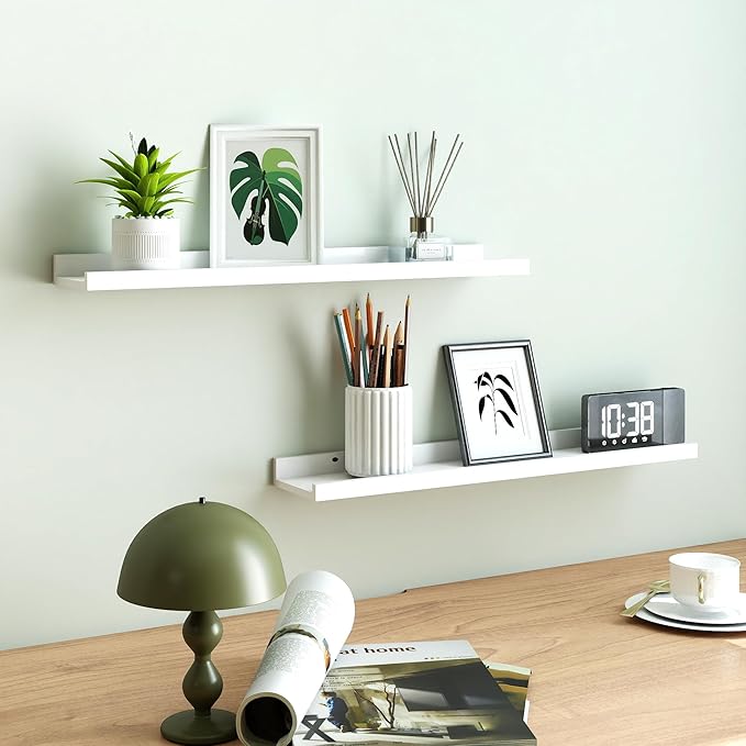 White Floating Shelves for Wall Decor, Long Wall Mounted Storage Shelf for Bedroom, Living Room, Bathroom, Kitchen, Nursery, Display Picture Ledge Shelf with Lip Set of 2-24 Inches, White