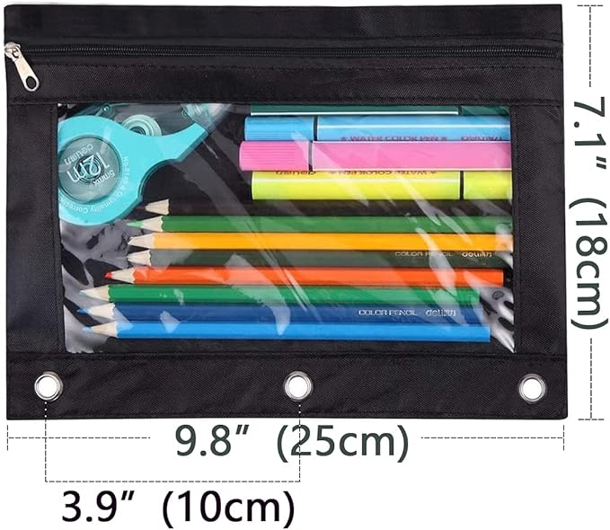 Zippered Binder Fabric Pencil Pouch 3 Rings with Clear Window for School Classroom Organizers 8 Pack (Black)