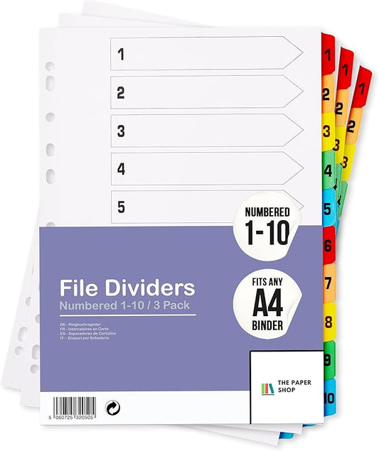 [3 Pack] Binder Dividers with Tabs A4 1-10 Numbered | DIviders for 3 Ring Binder | for Organization Pages in 3 Ring Binder Dividers with tabs, Each Set Includes Tab Dividers - The Paper Shop (3)