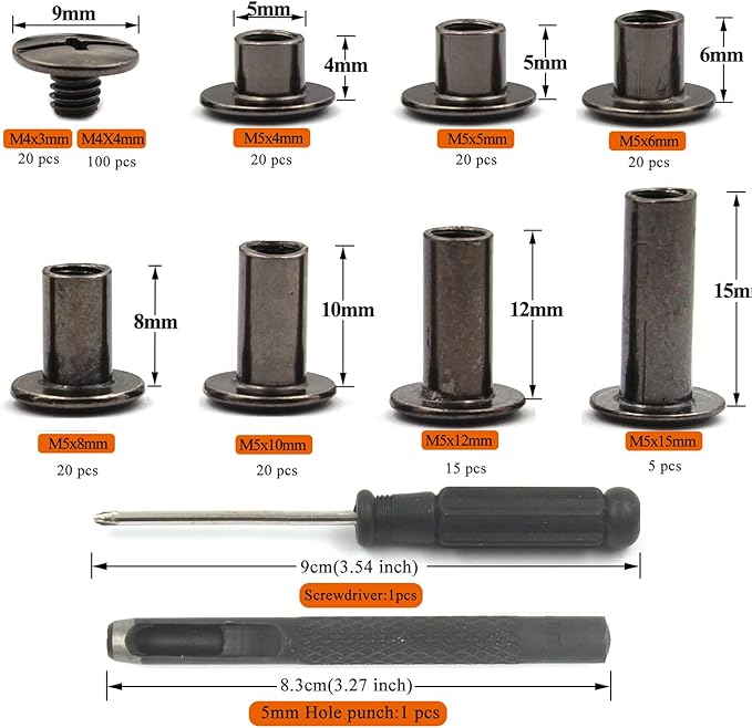 120 Sets Chicago Screws with Hole Puncher and Screwdriver 3/16" Leather Rivets 7 Sizes Assorted Screw Rivet M5 Binding Screws for Decorate and Repair Leather Craft Belt Bookbinding Bag Purse