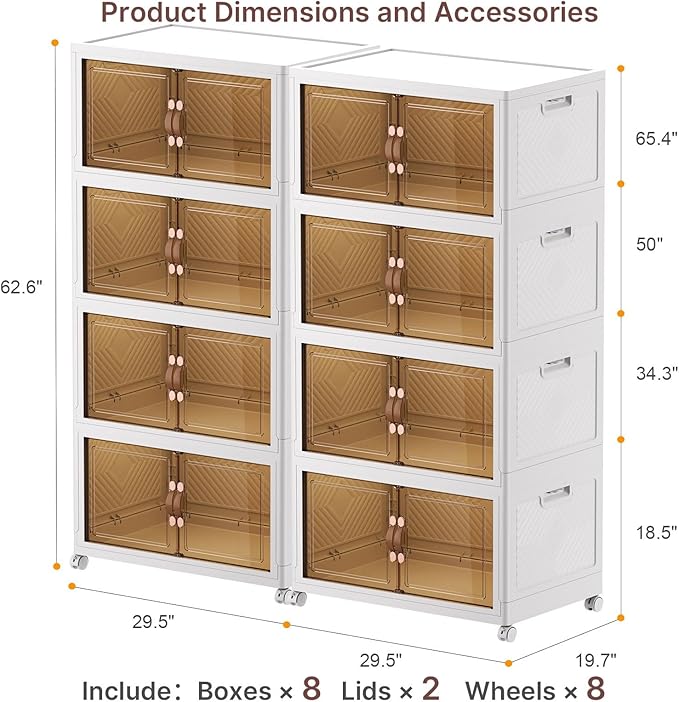 1280Qt Stackable Storage Bins with Lids, 8 Pack Large Collapsible Bins with Wheels, Plastic Cabinet with Doors, Foldable Closet Organizers and Storage for Home, Dorm, Office, White