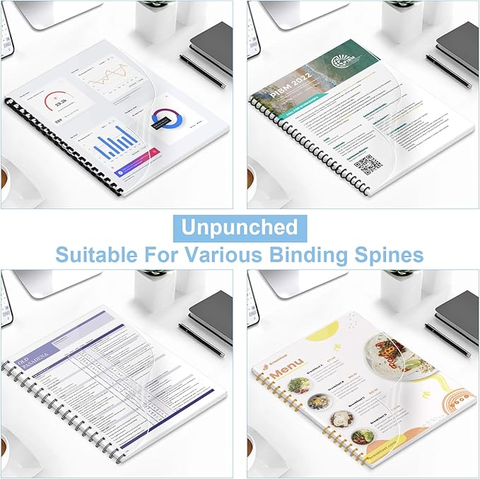 100 Pack Binding Covers and Backs Set, 8.5x11 Inches, Including 50 Pcs 5 Mil Clear PVC Binding Covers, 50 Pcs 12 Mil Black Paper Leather Textured Binding Covers, Letter Size