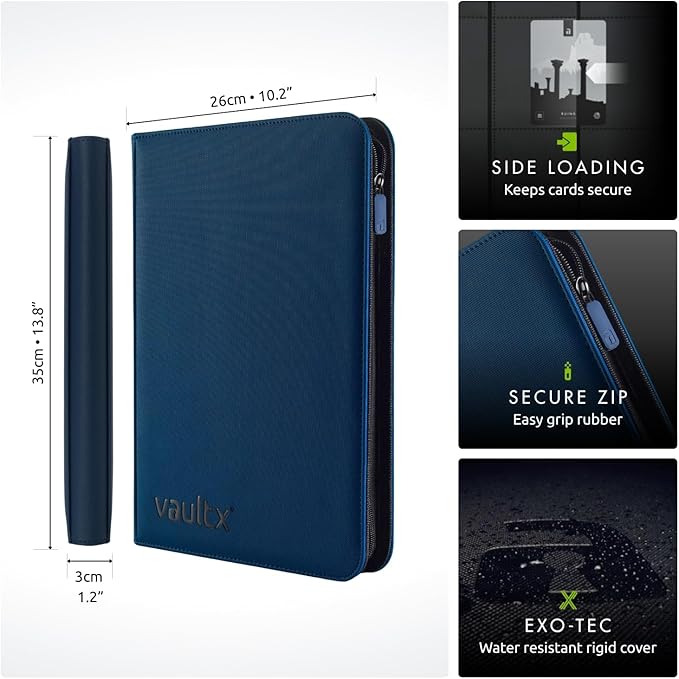 Vault X 9 Pocket Trading Card Zip Binder, 360 Cards, Premium Exo-Tec Album Material, 20 Side-Loading Pages, Folder for Collectible Games, Sports, TCG (Blue)