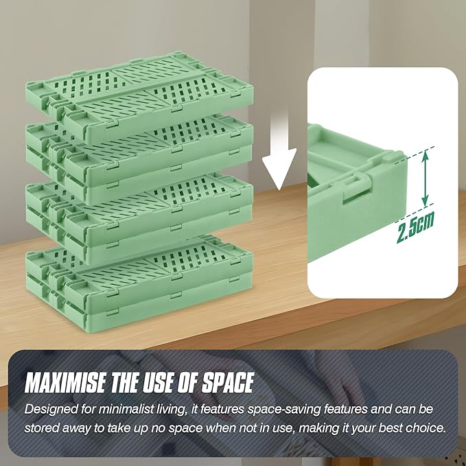 4 Pcs Collapsible Storage Crates, 10x5.9x4 inches Space-Saving Folding Containers, Stackable Plastic Boxes for Home Kitchen Office Bedroom Bathroom, Green