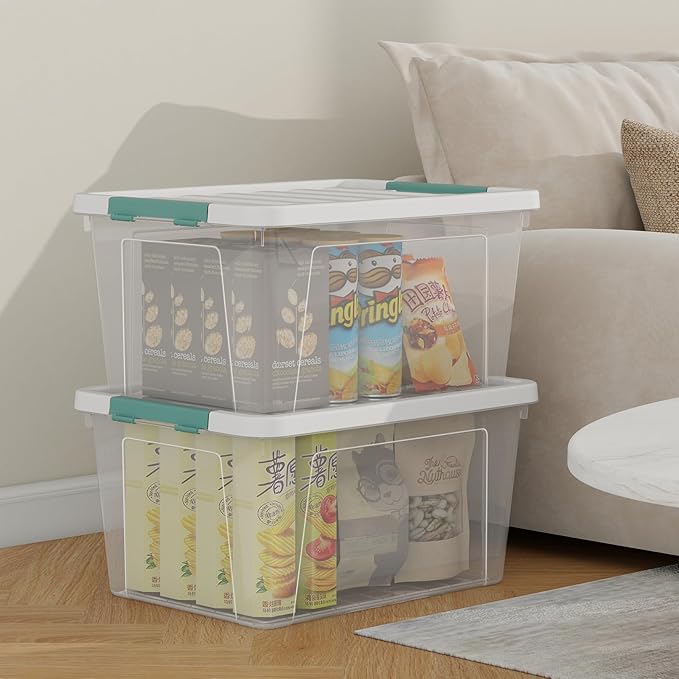 35 Quart Plastic Stackable Storage Container Tote with Secure Latching Lid for Home and Office Organization, Clear Box with White Lid (Pack of 6)