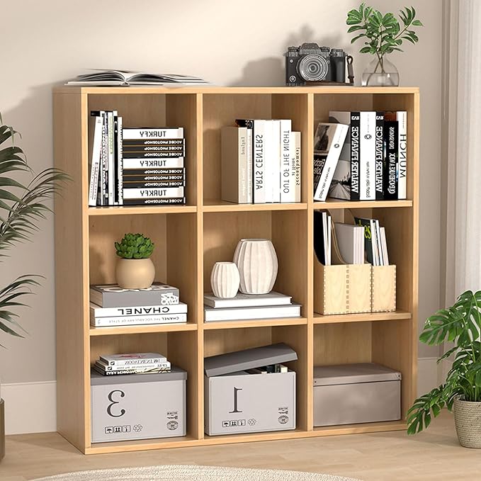 Wooden 9 Cube Storage Organizer with Closed Back Panel,White Cube Shelf Cubby Storage Organizer with Compartments for Living,Bookshelf,Storage Organizers Easy to Install (Oak, 9 Cube)
