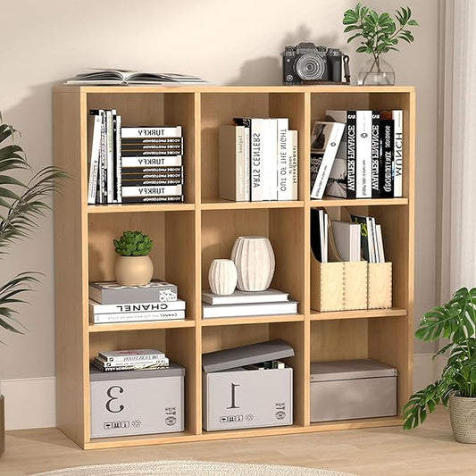 Wooden 9 Cube Storage Organizer with Closed Back Panel,White Cube Shelf Cubby Storage Organizer with Compartments for Living,Bookshelf,Storage Organizers Easy to Install (Oak, 9 Cube)