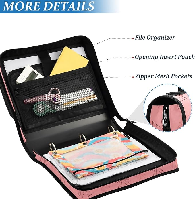 Zipper Binder Bag 3 Ring File Folder Portfolio Organizer Zippered Binder Bags with Strap Fits Laptop Women Men