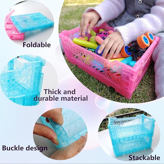 4Pack Pastel Plastic Storage Crates and Baskets, Collapsible Crates for Organizing, 4L Space Saving Bins for Classroom, Kitchen, Office, Bedroom,Desk Organizer. (Mix Colors)