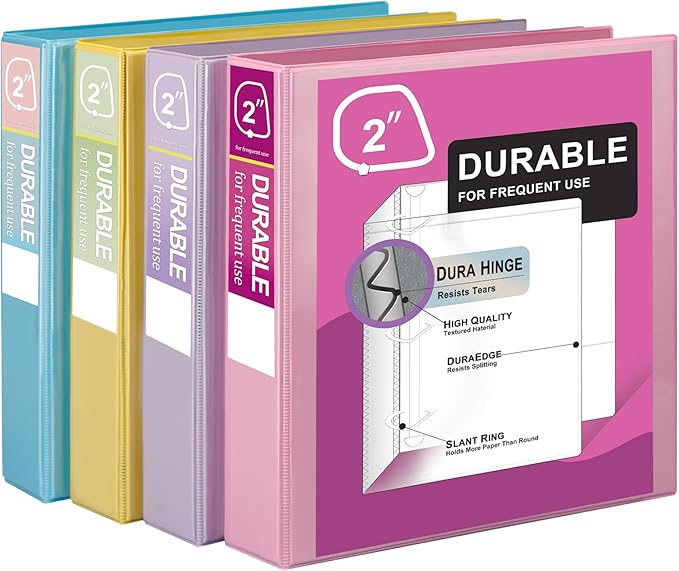 Zzrywuty Durable 3 Ring Binder, 2 Inch, Economy 4 Pack, Each Holds 540 Sheets, D-Ring Presentation View Binders for Office, School, Home (Pastel Assortment)
