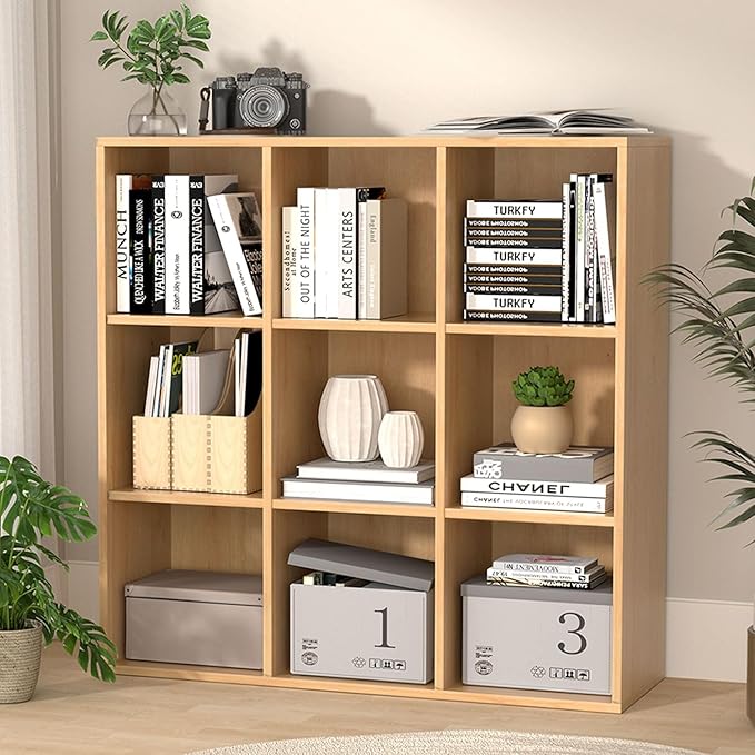 Wooden 9 Cube Storage Organizer with Closed Back Panel,White Cube Shelf Cubby Storage Organizer with Compartments for Living,Bookshelf,Storage Organizers Easy to Install (Oak, 9 Cube-13in)