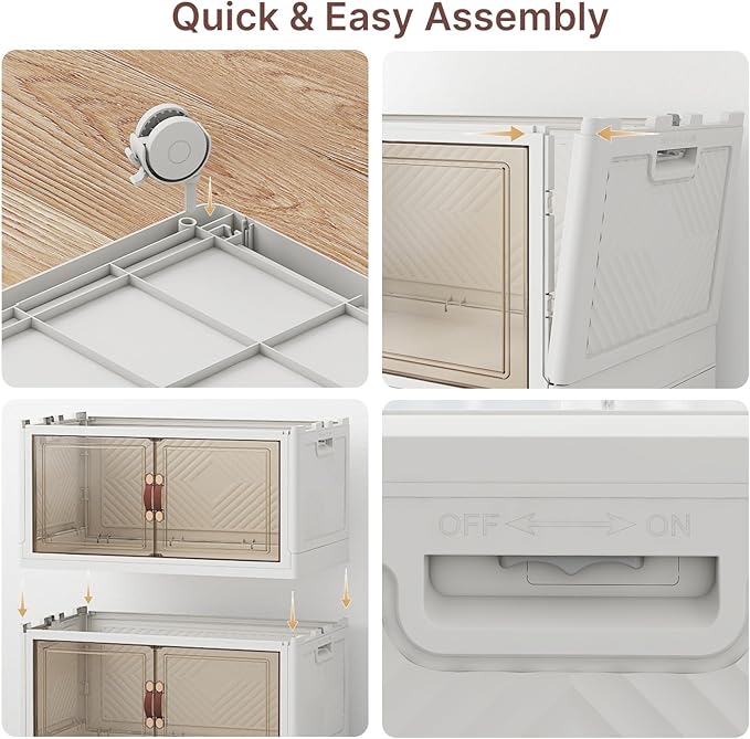 330Qt Stackable Storage Bins with Lids, 6 Pack Collapsible Bins with Wheels, Plastic Cabinet with Doors, Foldable Closet Organizers and Storage for Home, Dorm, Office, White