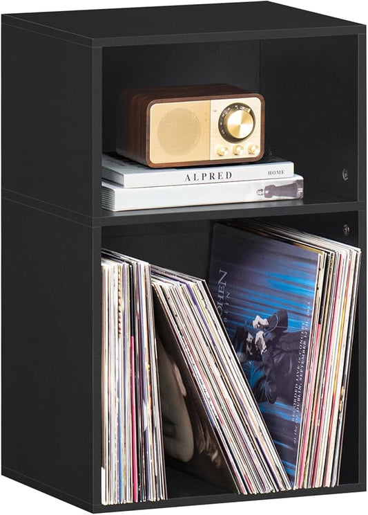 YAHARBO 2 Cube Bookshelf, Black Record Player Stand with Vinyl Storage Up to 100 Albums, Horizontal Book Shelf, Small Cubby Bookcase with Storage Organizer, Turntable Stand for Living Room, Bedroom