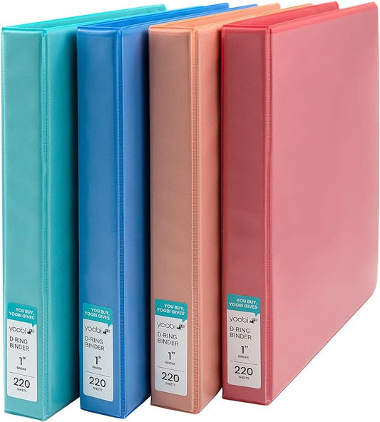 Yoobi 1 Inch Binder Set, 3 Ring Binders with Plastic Cover, 2 Pocket Sleeves and D Rings, Organizer for up to 220 Sheets of Loose Paper, 4 Pack Cute Binders, Multicolor, Office or School Supplies