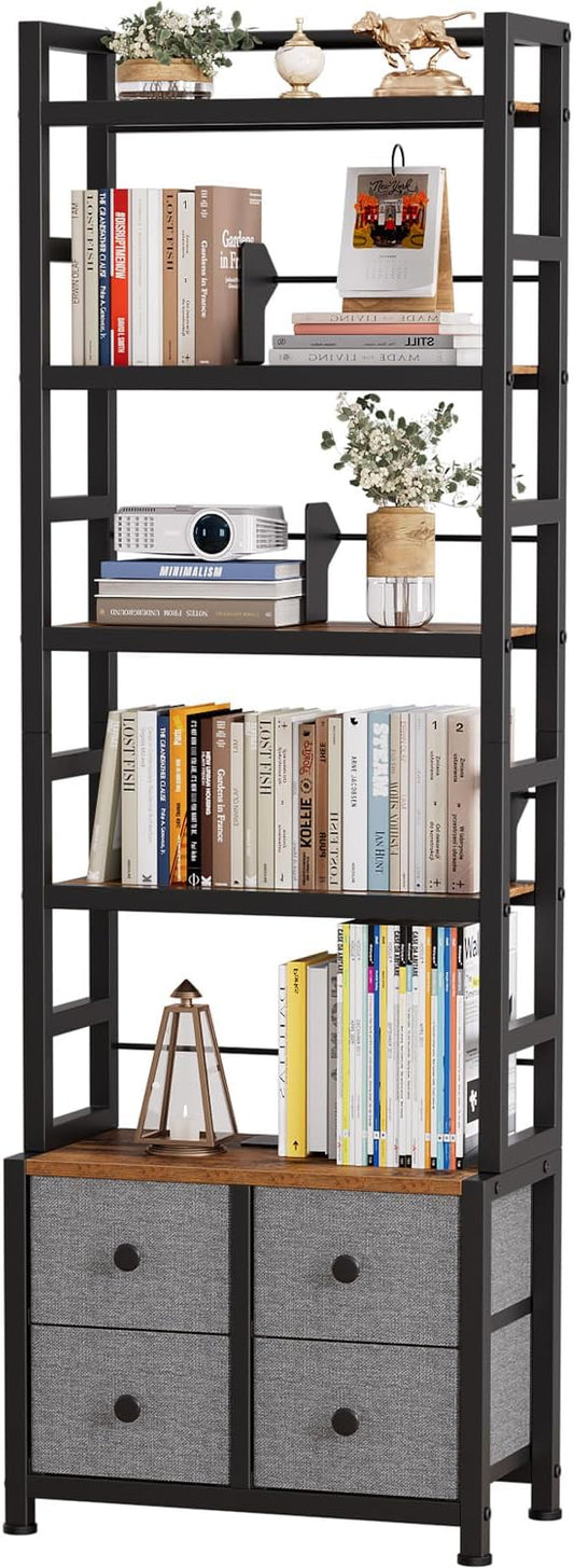 5 Tier Bookshelf, Modern Bookcase with Bookends and 4 Drawers Storage Organizer, Metal Industrial Display Shelf, Free Standing Storage Shelving Unit for Bedroom, Living Room and Home Office