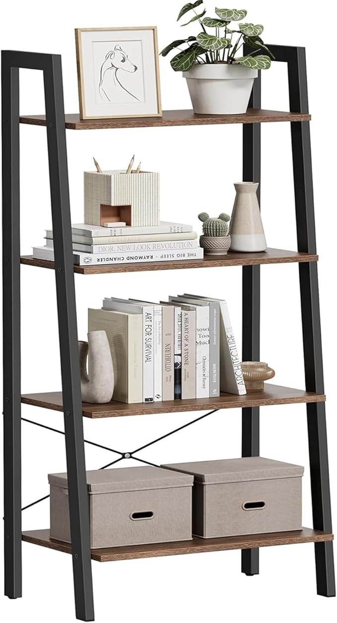 VASAGLE Ladder Shelf, 4-Tier Bookshelf, Storage Rack, Bookcase with Steel Frame, for Living Room, Home Office, Kitchen, Bedroom, Industrial Style, Hazelnut Brown and Ink Black ULLS044B03