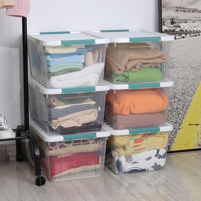 35 Quart Stackable Plastic Storage Latches Box, Multi-Purpose Lidded Container for Clothes, Craft Supplies & Christmas Decorations, 6 Packs