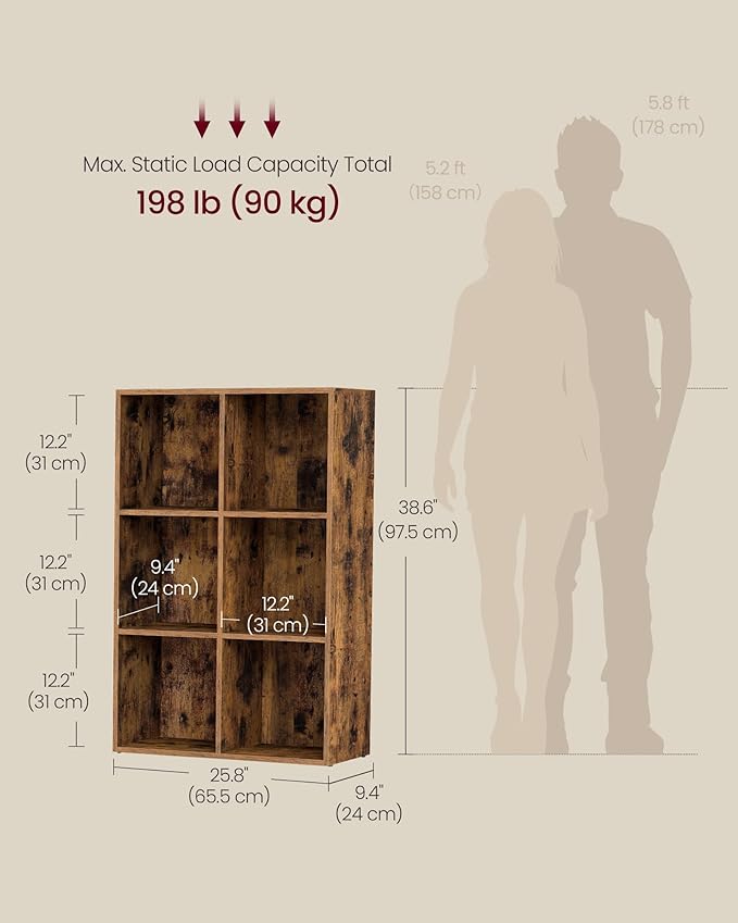 VASAGLE Custos Collection - Bookshelf, Bookcase, Cube Shelf with 6 Compartments, 9.4 x 25.8 x 38.6 Inches, Storage Shelf, for Living Room, Home Office, Dining Room, Rustic Brown ULBC423K01