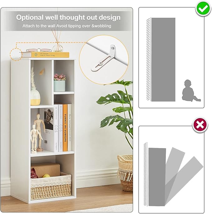 VECELO 3-Tier Small Bookcase, 4 Cube Bookshelf with Height Difference Shelves for Most Books, Modern Floor Standing Unit, Each Shelf Hold Up to 66 LBS for Living Room Bedroom, Pearl White