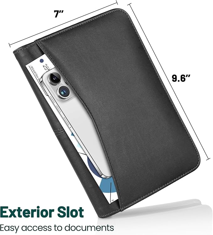 Zippered Portfolio Binder for Men & Women, Resume Portfolio Folder with 5.3" x 8 "Notepad, 9.6" x 7" Faux Leather Portfolio for Resume, Documents, Phone, Business Supplies and Cards (Black)