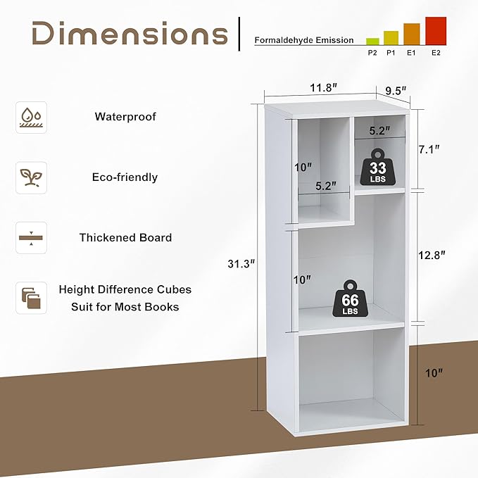 VECELO 3-Tier Small Bookcase, 4 Cube Bookshelf with Height Difference Shelves for Most Books, Modern Floor Standing Unit, Each Shelf Hold Up to 66 LBS for Living Room Bedroom, Pearl White