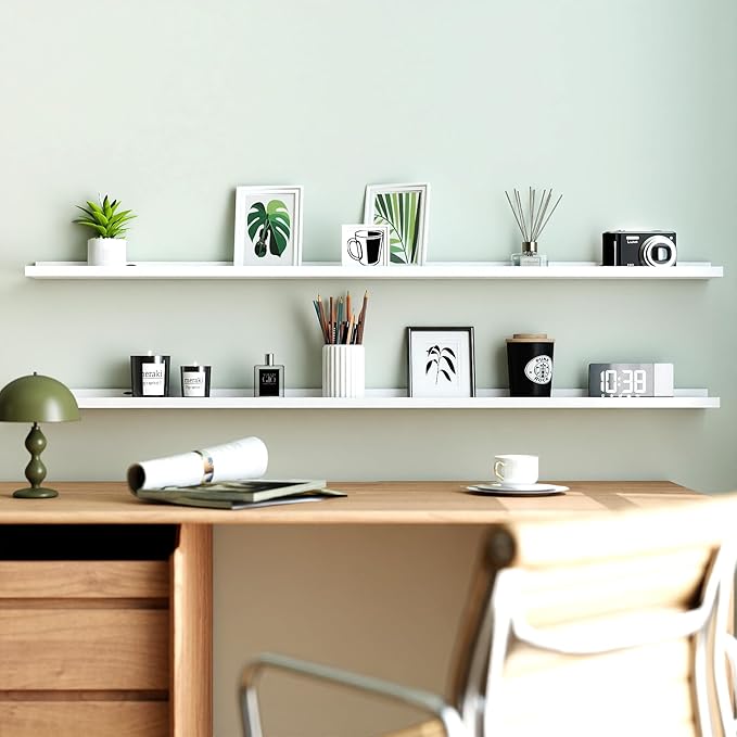 White Floating Shelves for Wall Decor, Long Wall Mounted Storage Shelf for Bedroom, Living Room, Bathroom, Kitchen, Nursery, Display Picture Ledge Shelf with Lip Set of 2-56 Inches, White