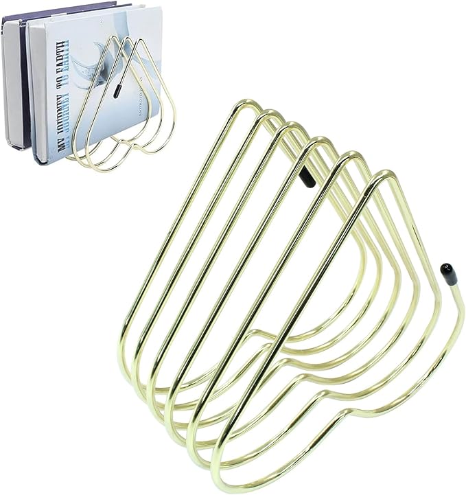 Zorfeter Heart Shaped File Holder, Iron Storage Rack Vinyl Record Organizer, 5 Slot Desktop Book Storage Rack for Office Home Decor/Book Lovers(Gold)