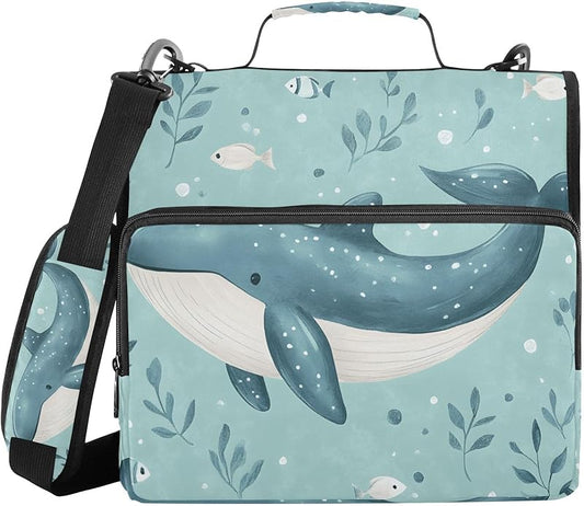 Zipper Binder Bag, Ocean Whale Fishes Leaves 1.5 inch 3-Ring Binder & Multiple Pockets, 500 Sheets Capacity Expanding File Folder with Shoulder Straps & Handles for School Work Office