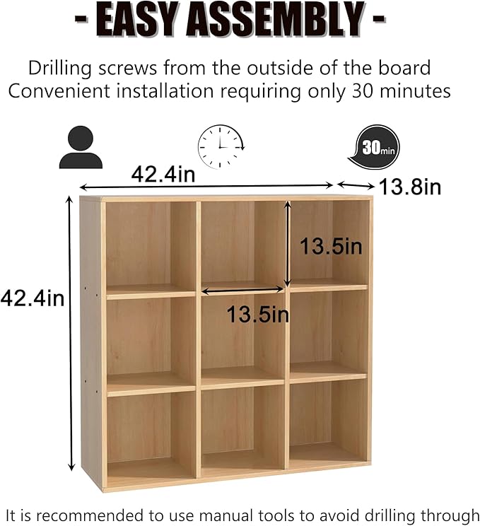 Wooden 9 Cube Storage Organizer with Closed Back Panel,White Cube Shelf Cubby Storage Organizer with Compartments for Living,Bookshelf,Storage Organizers Easy to Install (Oak, 9 Cube-13in)