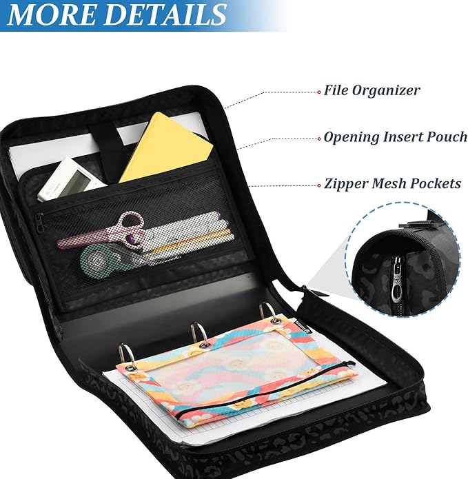 Zipper Binder Bag 3 Ring File Folder Portfolio Organizer Zippered Binder Bags with Strap Fits Laptop Women Men