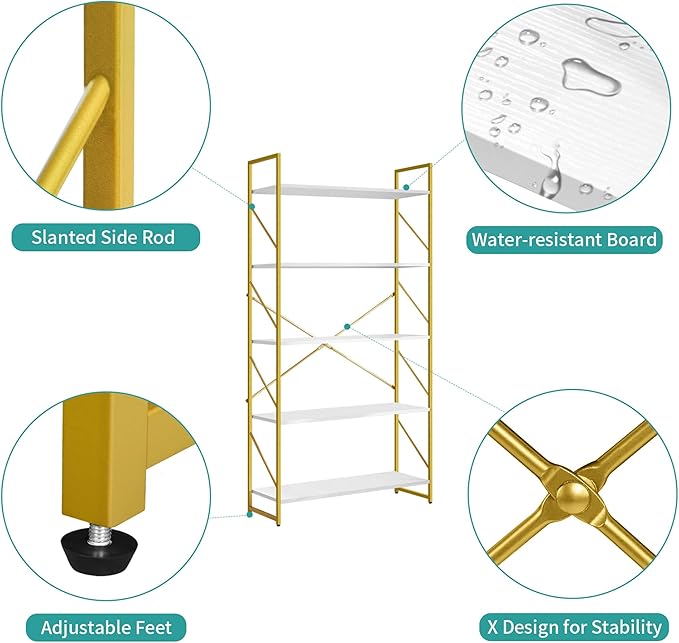 YITAHOME 5 Tiers Gold Bookshelf, Modern Wide Bookcase, Large Book Rack, Storage Rack Shelves in Bedroom/Living Room/Home/Office, Books Holder Organizer for Books, Gold