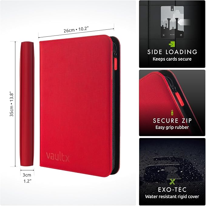 Vault X 9 Pocket Trading Card Zip Binder, 360 Cards, Premium Exo-Tec Album Material, 20 Side-Loading Pages, Folder for Collectible Games, Sports, TCG (Red)