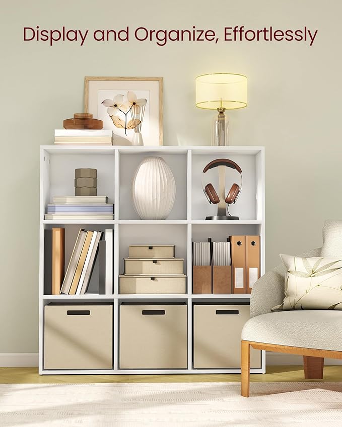 VASAGLE Custos Collection - Bookshelf, Bookcase, Cube Shelf with 9 Compartments, 9.4 x 38.6 x 38.6 Inches, Storage Shelf, for Living Room, Home Office, Dining Room, Cloud White ULBC477W01