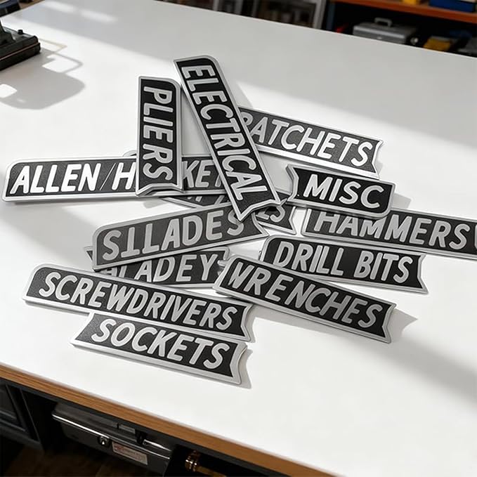 12 Pack of Magnetic Toolbox Labels, 3D-Printed Tool Box Labels, General Tool Box Organize Accessories, Reusable Tags for Steel Toolboxes, Carts, Drawers, and Cabinets (Black)