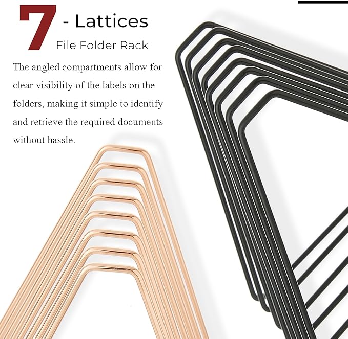 Y YOMA 1 Pack Rose Gold File Folder Racks Triangle Magazine Holder Metal File Organizer for Desk Decorative File Sorter Display Rack for Office Home, 7 Compartments