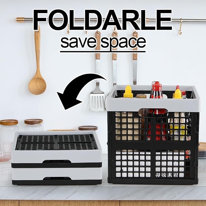 Xyskin 18 Litre Plastic Folding Utility Crates, Set of 3 Stackable Storage Milk Crates, Black