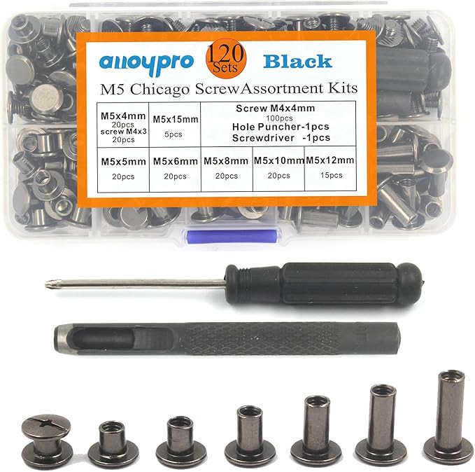 120 Sets Chicago Screws with Hole Puncher and Screwdriver 3/16" Leather Rivets 7 Sizes Assorted Screw Rivet M5 Binding Screws for Decorate and Repair Leather Craft Belt Bookbinding Bag Purse