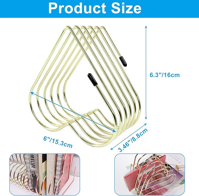 Zorfeter Heart Shaped File Holder, Iron Storage Rack Vinyl Record Organizer, 5 Slot Desktop Book Storage Rack for Office Home Decor/Book Lovers(Gold)
