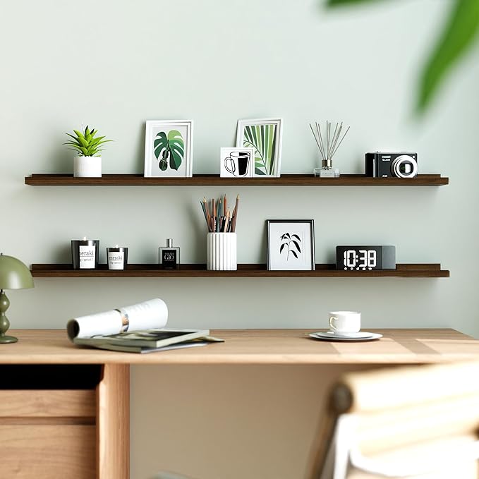 White Floating Shelves for Wall Decor, Long Wall Mounted Storage Shelf for Bedroom, Living Room, Bathroom, Kitchen, Nursery, Display Picture Ledge Shelf with Lip Set of 2-48 Inches, Walnut